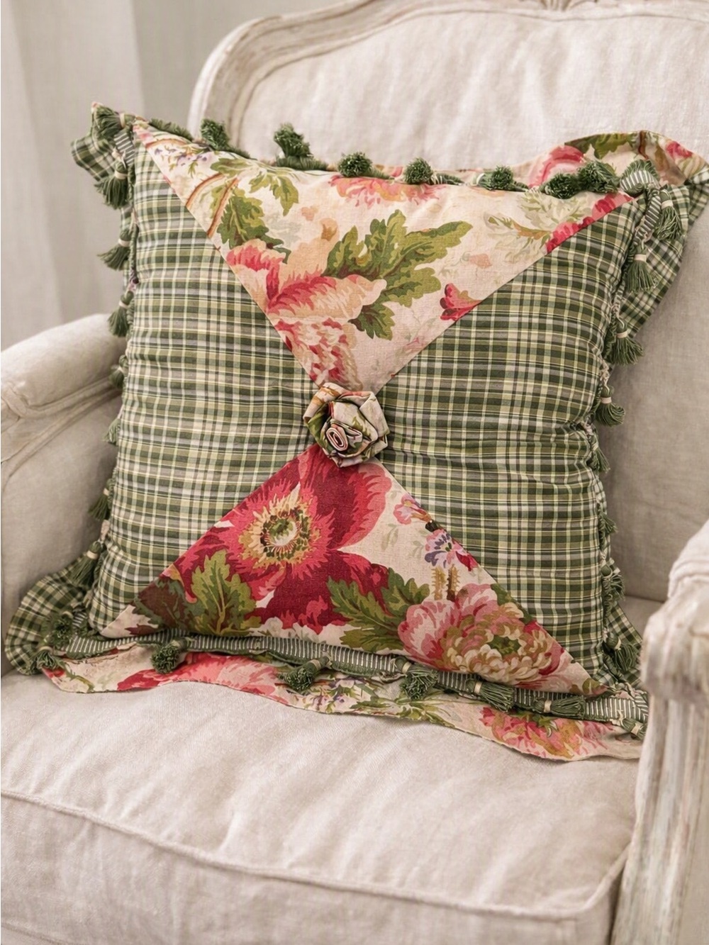 Zoe & Company Large Floral Green Plaid Down Throw Pillow Cottagecore